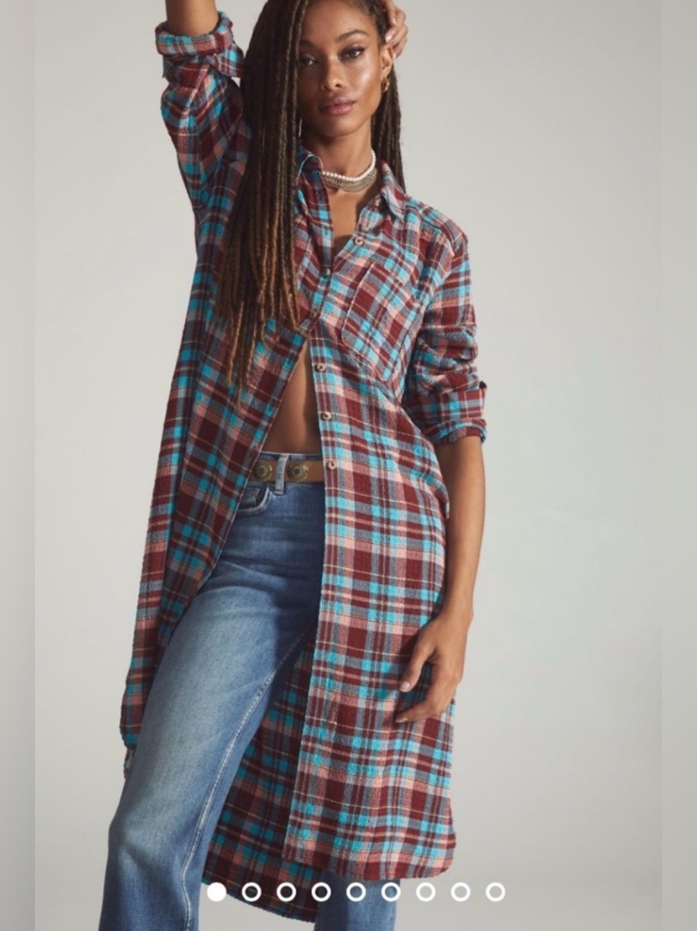 Anthropologie Pilcro Longline Plaid Buttondown Tunic M Side Slits Boho NEW